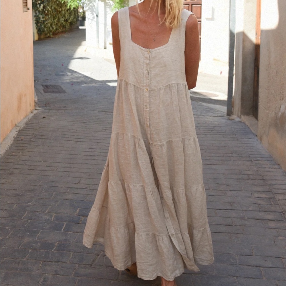 Maternity Beachwood Linen Women's Cream Tiered Summer Sundress - Picture 2 of 8